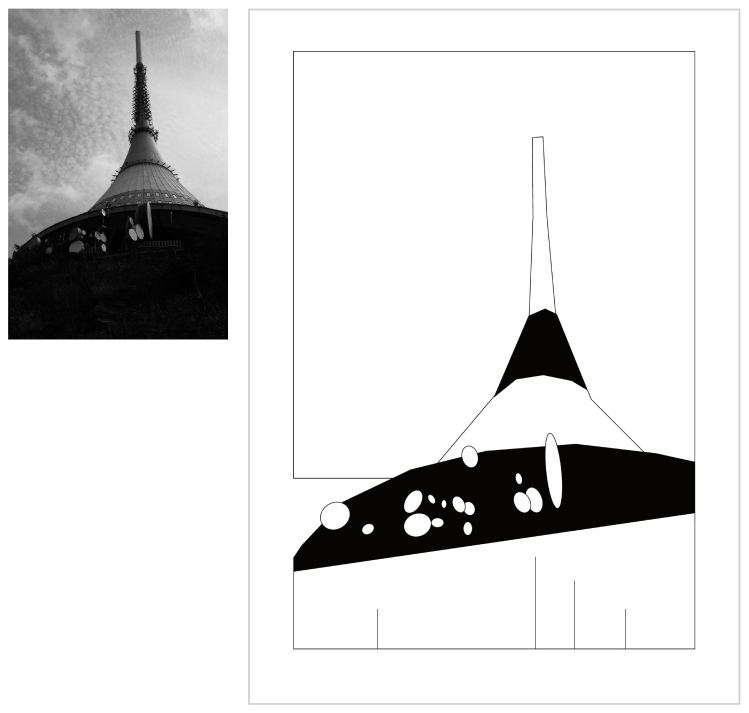 Ještěd tower — photograph and minimalist illustration